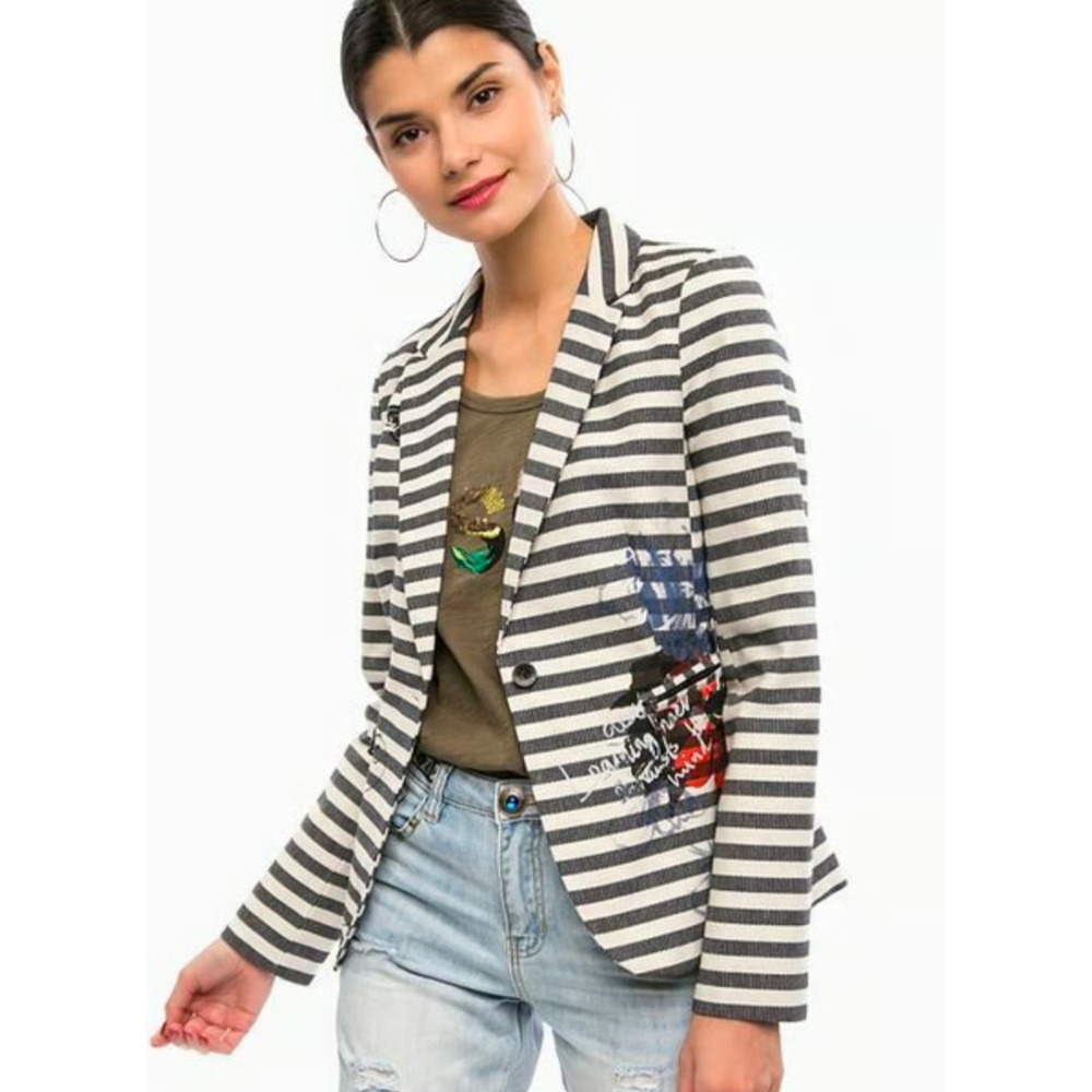 Christopher & Banks Blazer M Jacket Blue Cream Striped Funky Artsy Lined Coastal